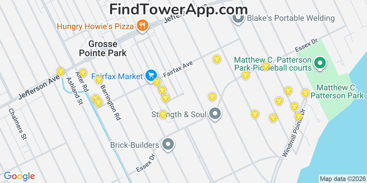 Map showing the 20 primary cell tower locations detected in Grosse Pointe Park, Michigan from AT&T, Verizon, and T-Mobile networks