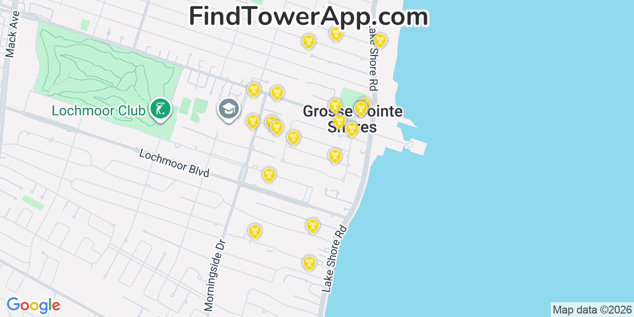 Map showing the 20 primary cell tower locations detected in Grosse Pointe Shores, Michigan from AT&T, Verizon, and T-Mobile networks