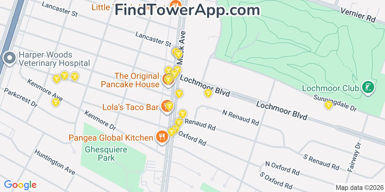 Map showing the 20 primary cell tower locations detected in Grosse Pointe Woods, Michigan from AT&T, Verizon, and T-Mobile networks