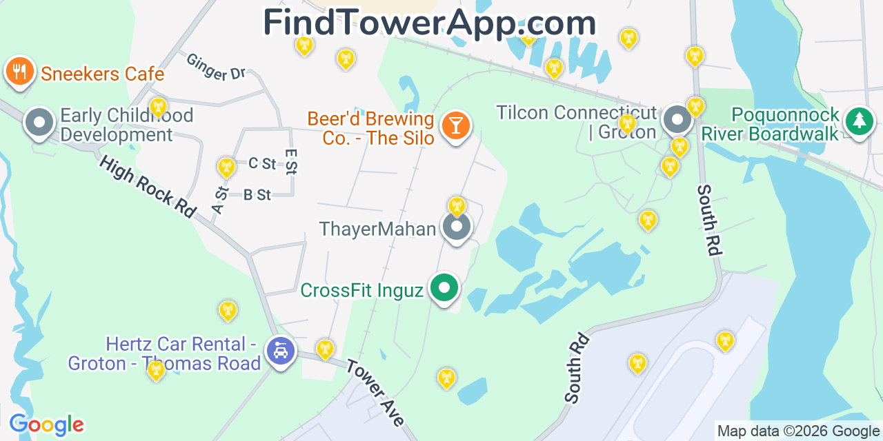 Map showing the 20 primary cell tower locations detected in Groton, Connecticut from AT&T, Verizon, and T-Mobile networks