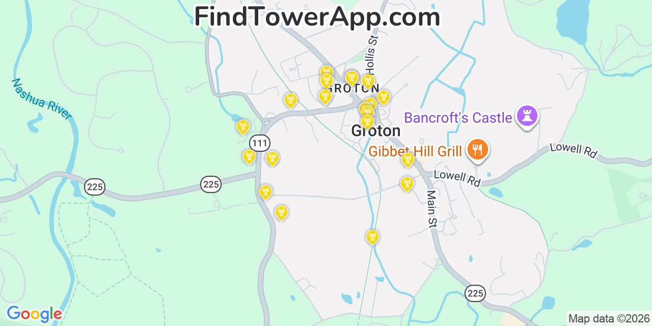 Map showing the 20 primary cell tower locations detected in Groton, Massachusetts from AT&T, Verizon, and T-Mobile networks