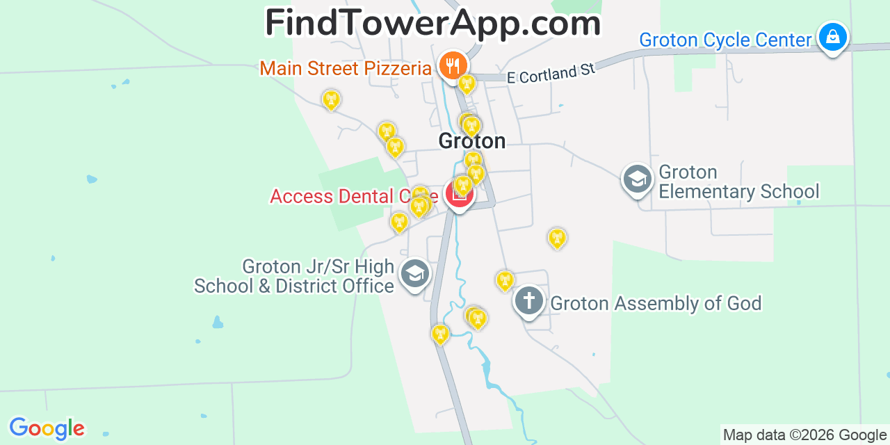 Map showing the 20 primary cell tower locations detected in Groton, New York from AT&T, Verizon, and T-Mobile networks
