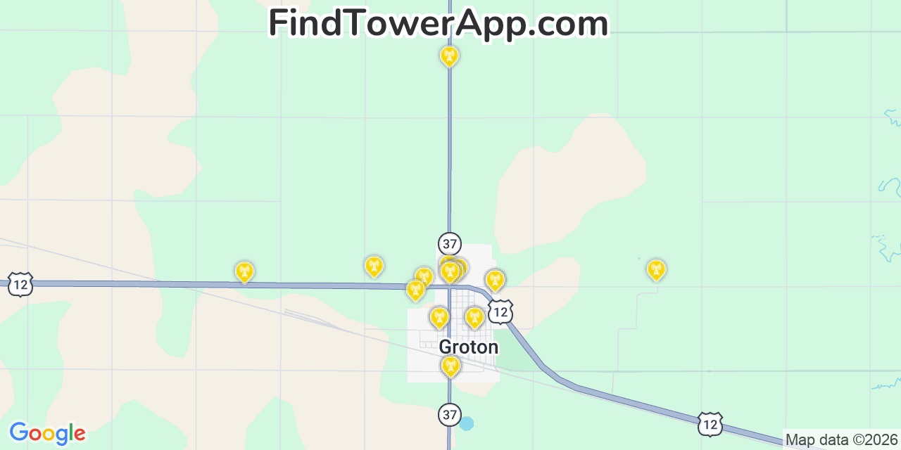 Map showing the 20 primary cell tower locations detected in Groton, South Dakota from AT&T, Verizon, and T-Mobile networks