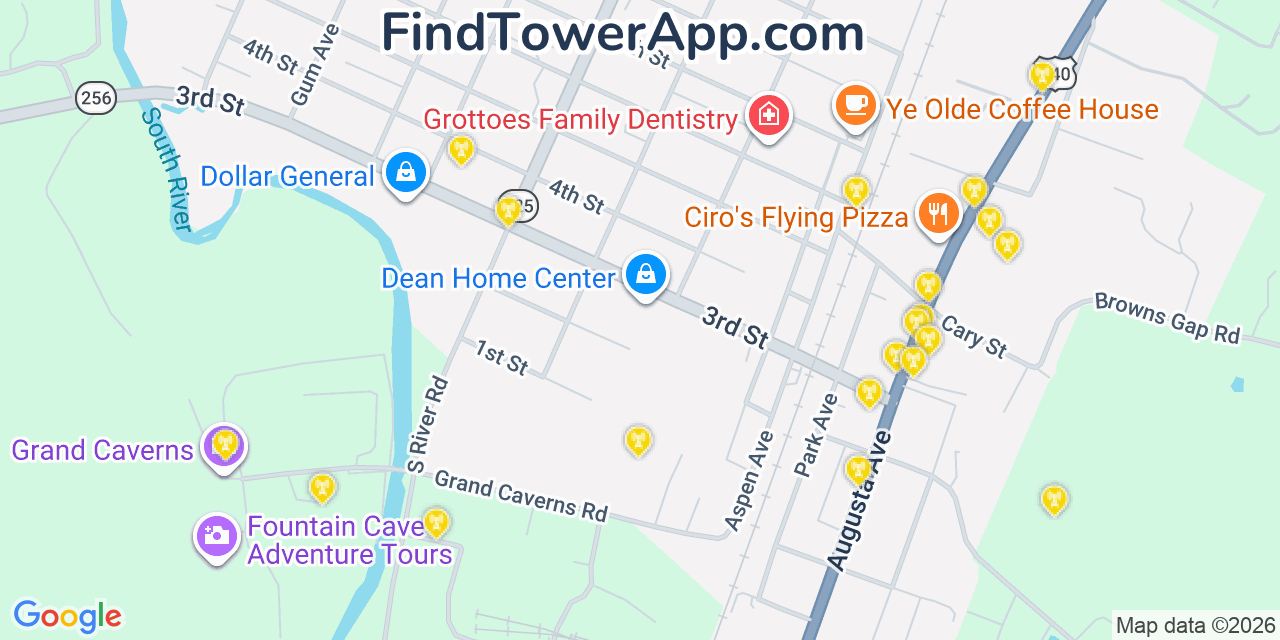 Map showing the 20 primary cell tower locations detected in Grottoes, Virginia from AT&T, Verizon, and T-Mobile networks