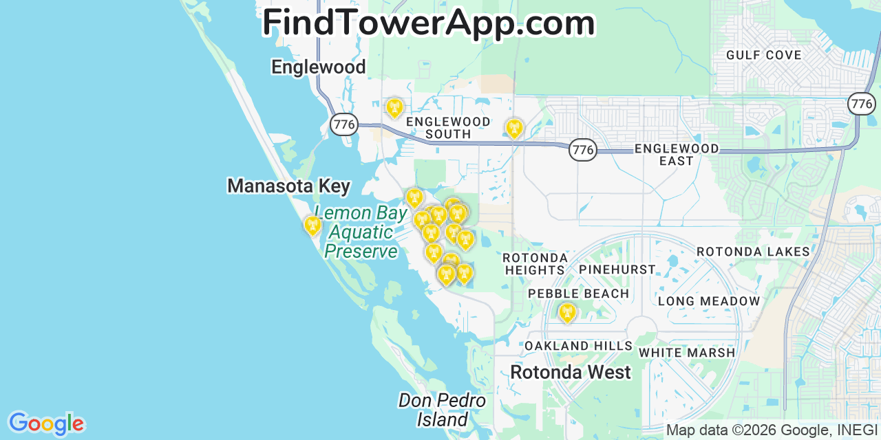 Map showing the 20 primary cell tower locations detected in Grove City, Florida from AT&T, Verizon, and T-Mobile networks