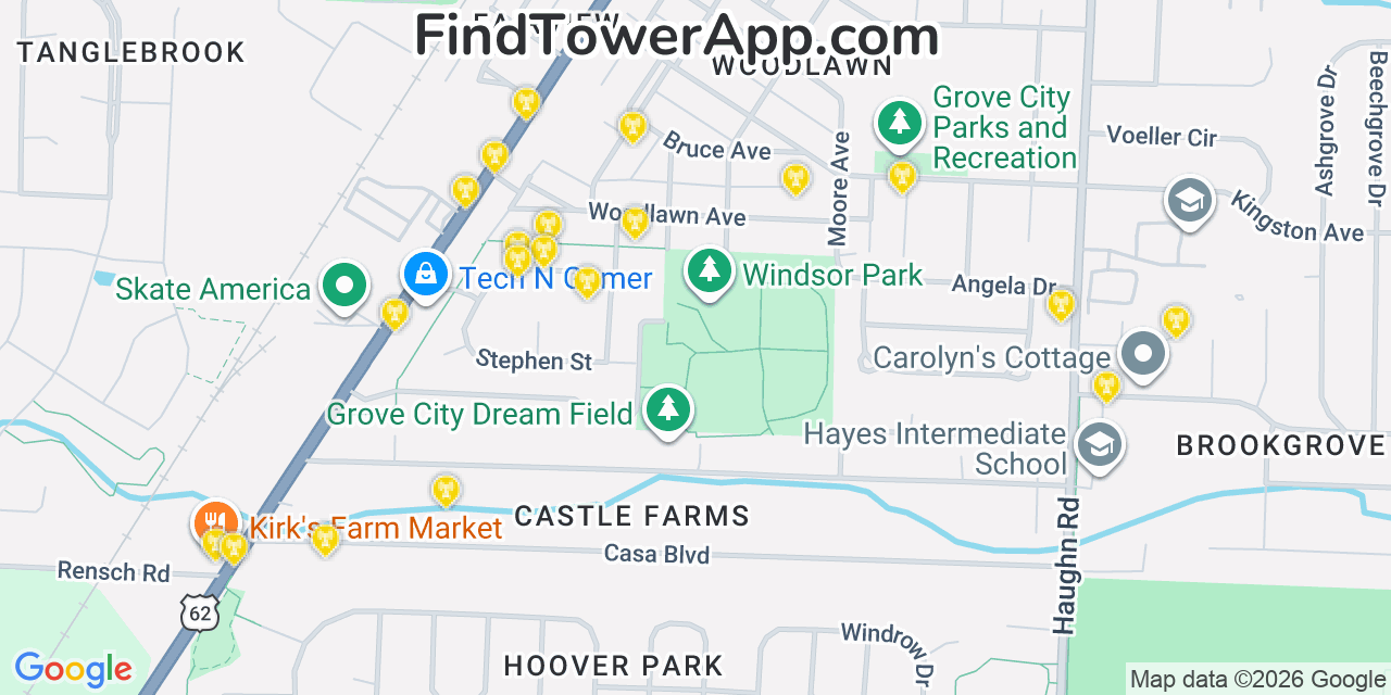Map showing the 20 primary cell tower locations detected in Grove City, Ohio from AT&T, Verizon, and T-Mobile networks