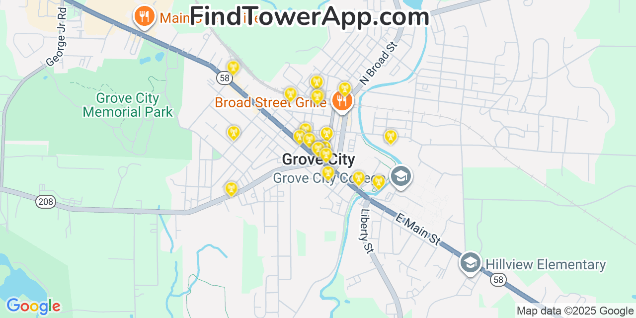 Map showing the 20 primary cell tower locations detected in Grove City, Pennsylvania from AT&T, Verizon, and T-Mobile networks