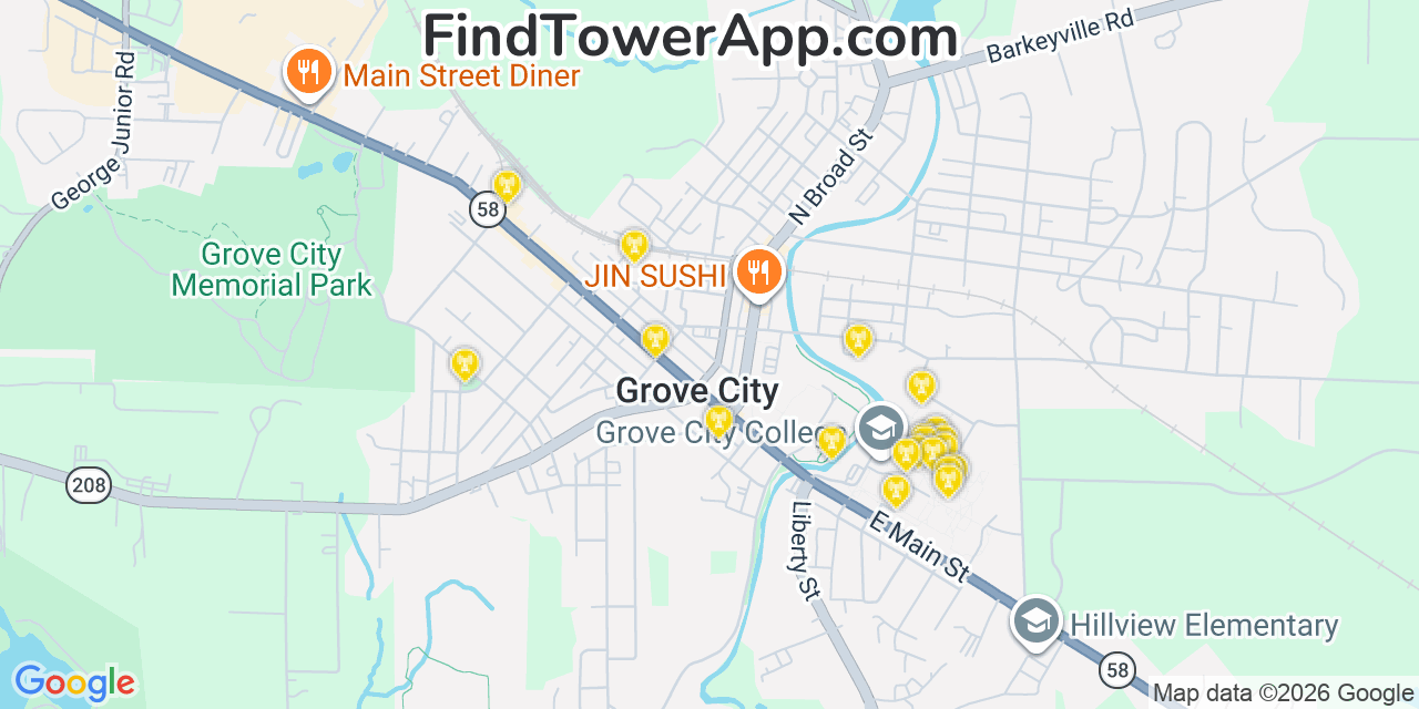 Map showing the 20 primary cell tower locations detected in Grove City, Pennsylvania from AT&T, Verizon, and T-Mobile networks