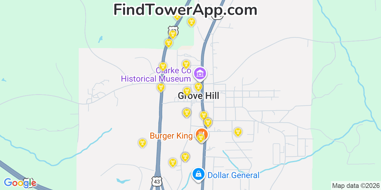 Map showing the 20 primary cell tower locations detected in Grove Hill, Alabama from AT&T, Verizon, and T-Mobile networks