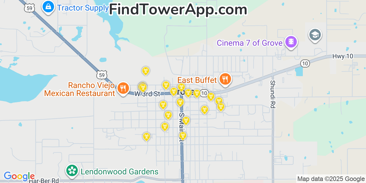 Map showing the 20 primary cell tower locations detected in Grove, Oklahoma from AT&T, Verizon, and T-Mobile networks