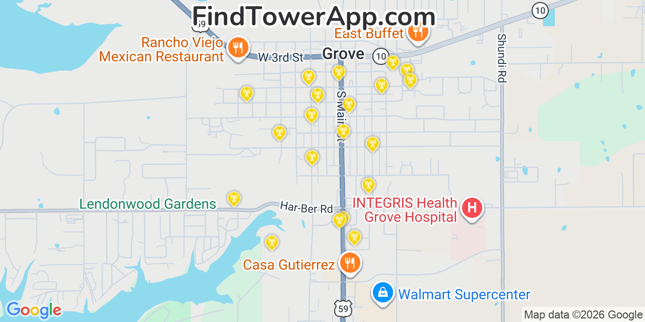 Map showing the 20 primary cell tower locations detected in Grove, Oklahoma from AT&T, Verizon, and T-Mobile networks