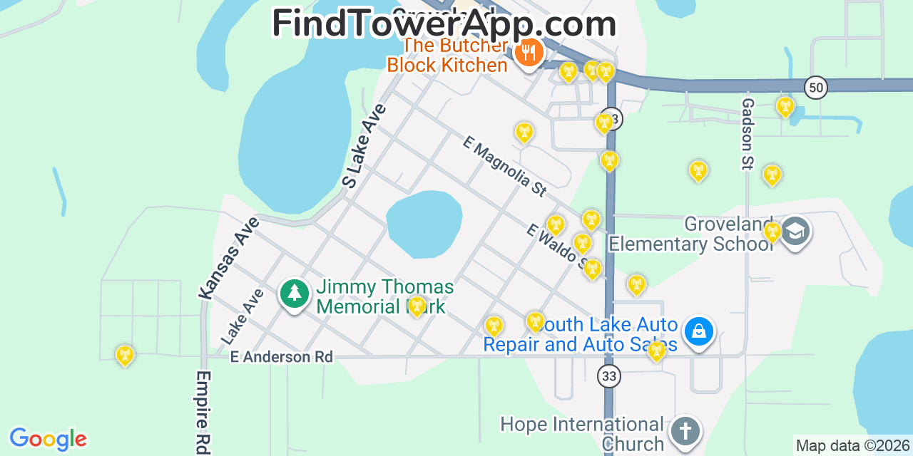 Map showing the 20 primary cell tower locations detected in Groveland, Florida from AT&T, Verizon, and T-Mobile networks