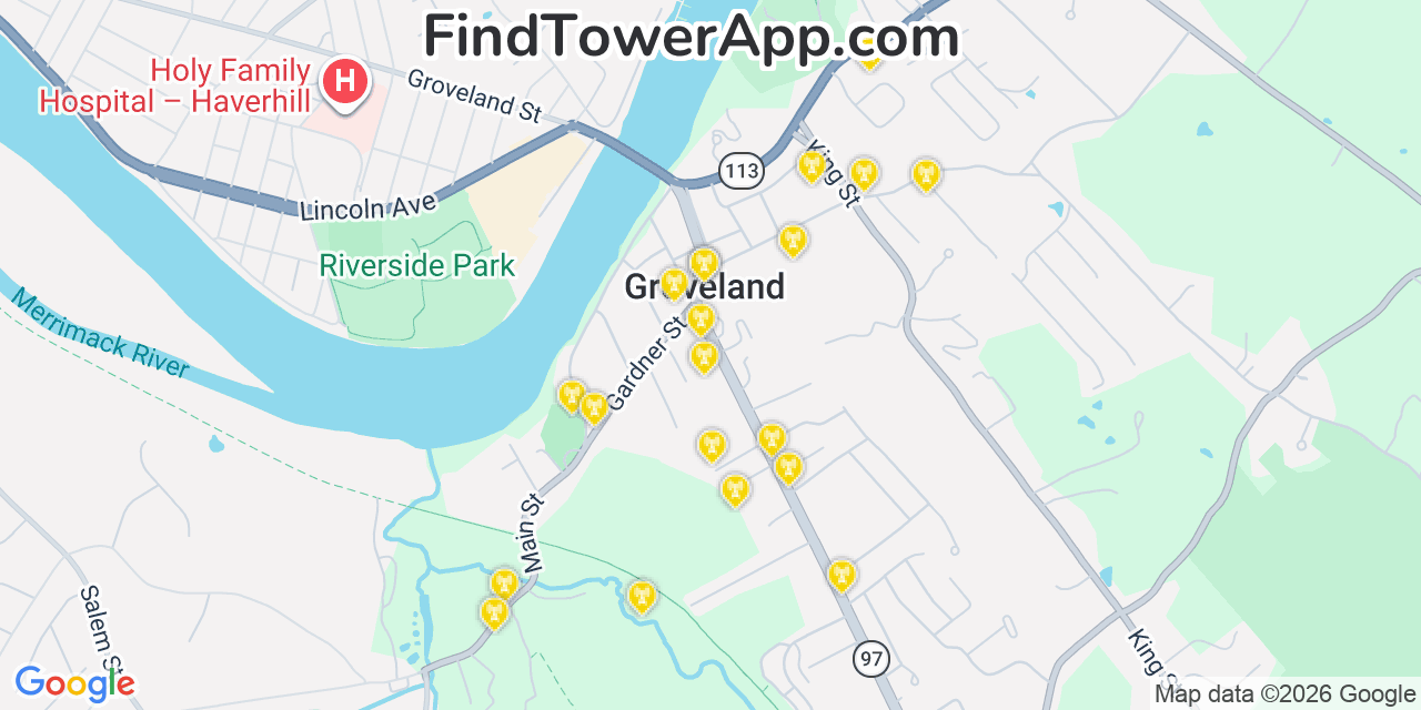Map showing the 20 primary cell tower locations detected in Groveland, Massachusetts from AT&T, Verizon, and T-Mobile networks