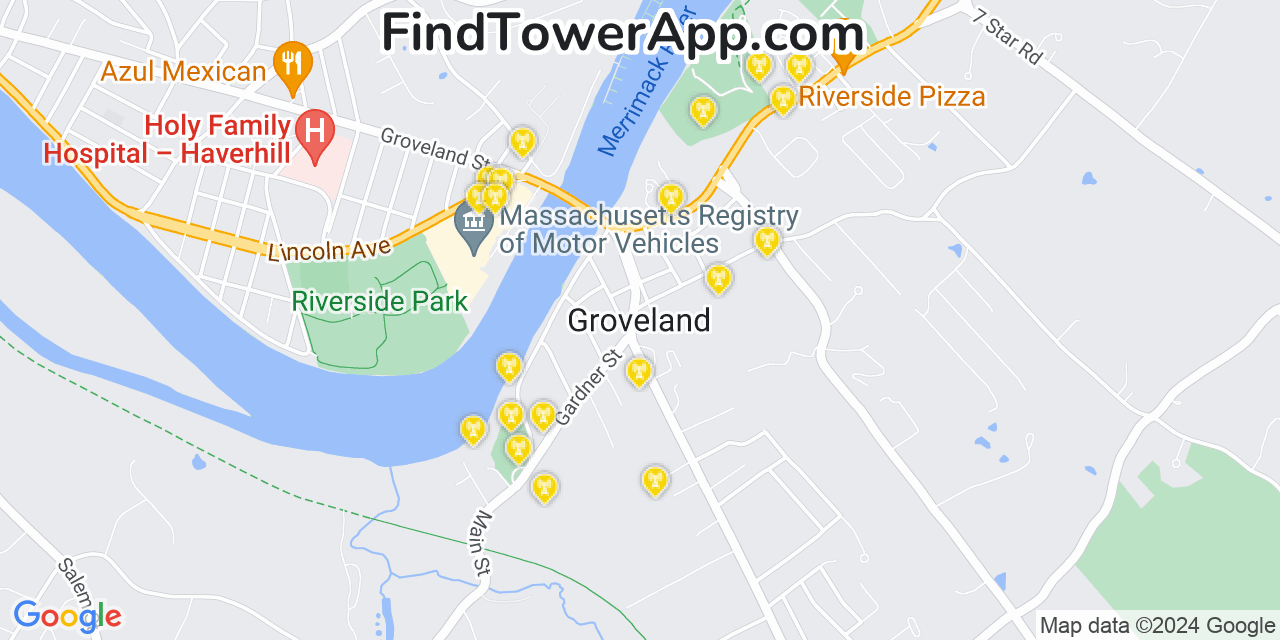 Verizon 4G/5G cell tower coverage map Groveland, Massachusetts