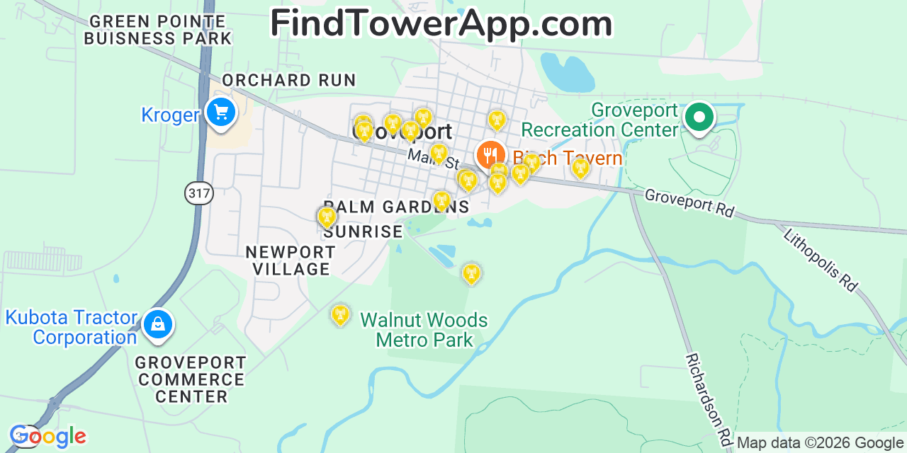 Map showing the 20 primary cell tower locations detected in Groveport, Ohio from AT&T, Verizon, and T-Mobile networks