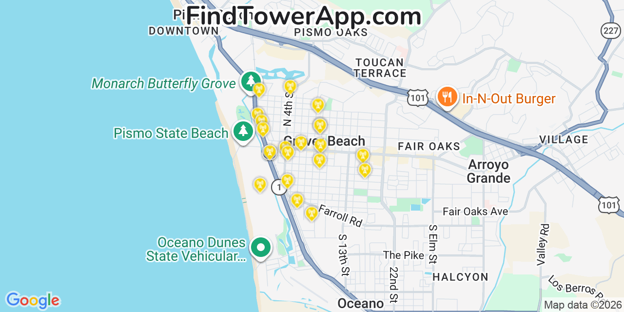 Map showing the 20 primary cell tower locations detected in Grover Beach, California from AT&T, Verizon, and T-Mobile networks
