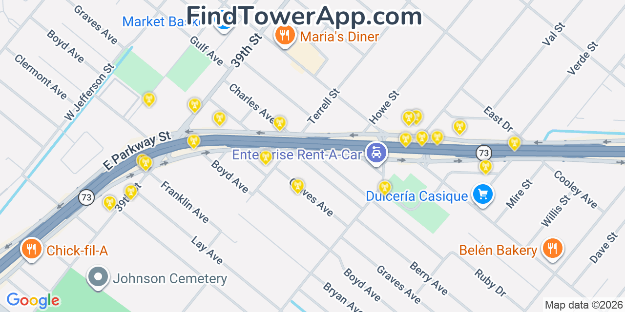 Map showing the 20 primary cell tower locations detected in Groves, Texas from AT&T, Verizon, and T-Mobile networks