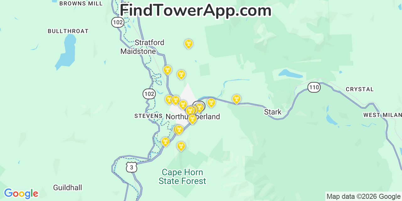 Map showing the 20 primary cell tower locations detected in Groveton, New Hampshire from AT&T, Verizon, and T-Mobile networks