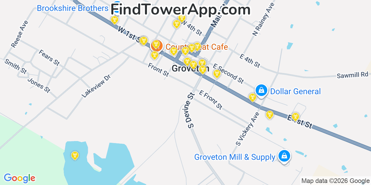 Map showing the 20 primary cell tower locations detected in Groveton, Texas from AT&T, Verizon, and T-Mobile networks