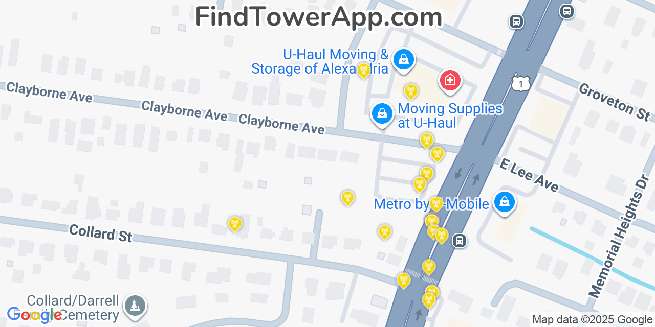 Map showing the 20 primary cell tower locations detected in Groveton, Virginia from AT&T, Verizon, and T-Mobile networks