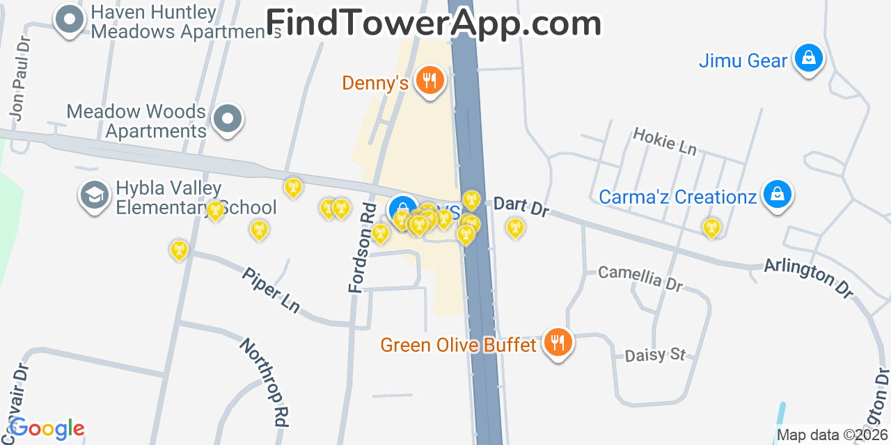 Map showing the 20 primary cell tower locations detected in Groveton, Virginia from AT&T, Verizon, and T-Mobile networks