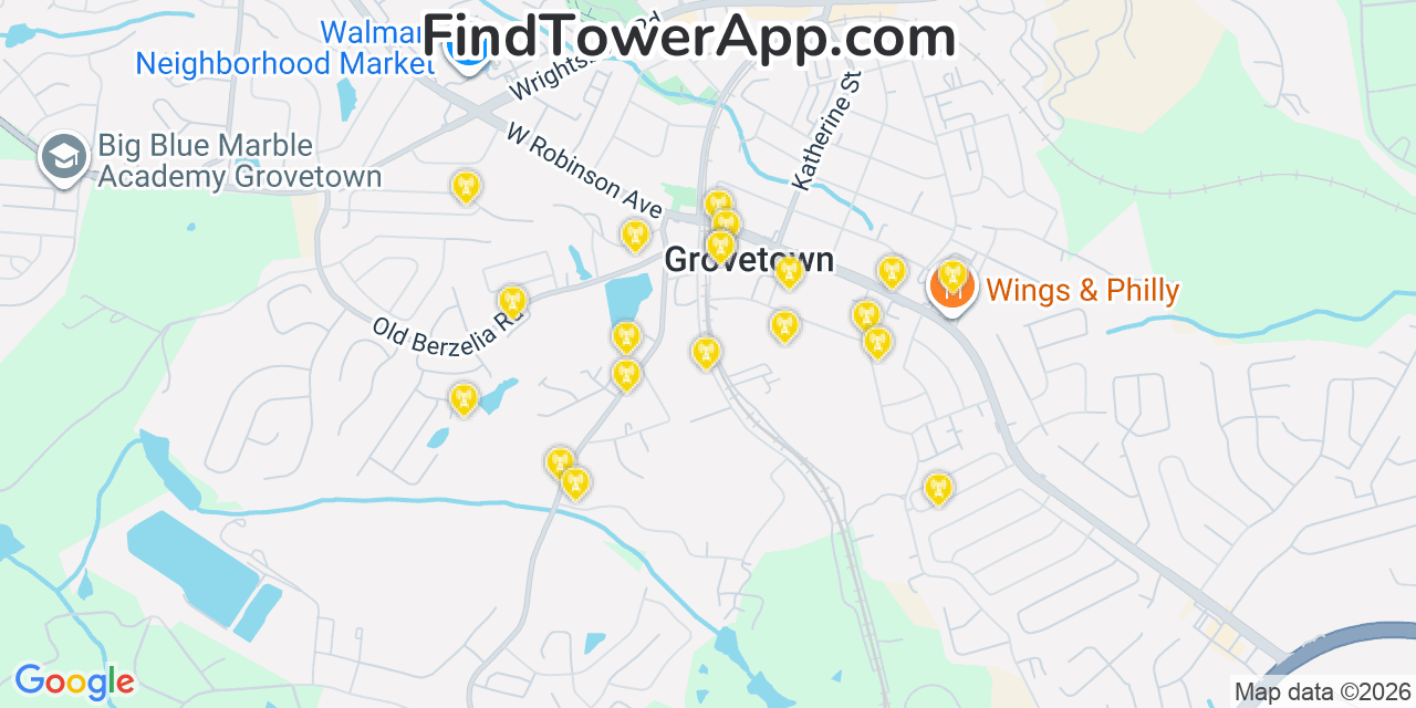 Map showing the 20 primary cell tower locations detected in Grovetown, Georgia from AT&T, Verizon, and T-Mobile networks