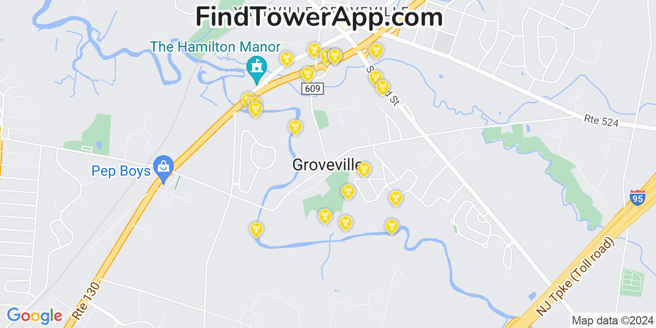 AT&T 4G/5G cell tower coverage map Groveville, New Jersey