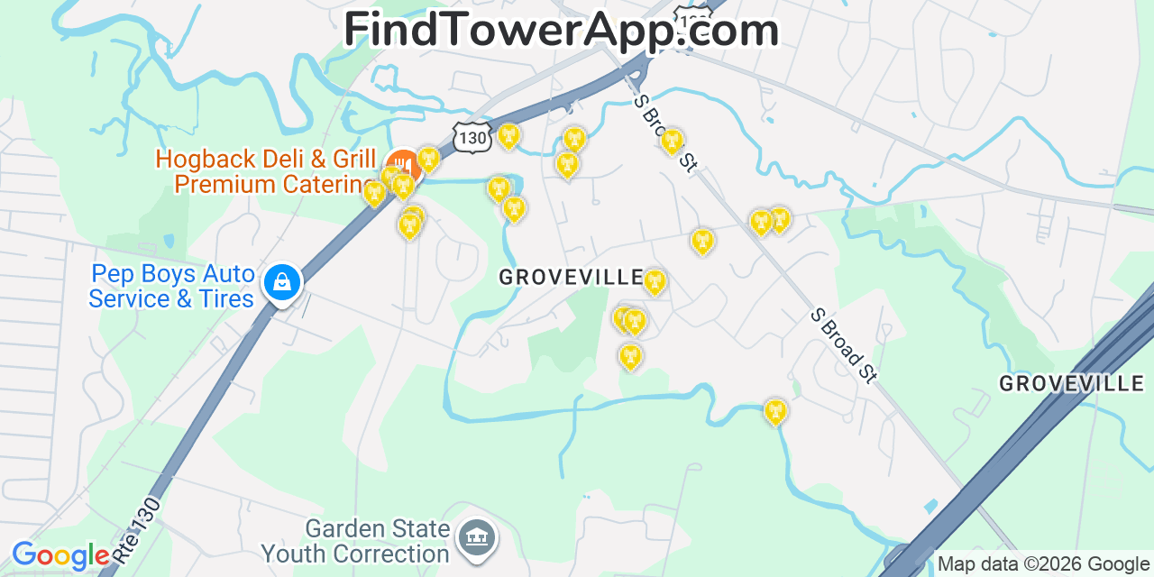 Map showing the 20 primary cell tower locations detected in Groveville, New Jersey from AT&T, Verizon, and T-Mobile networks
