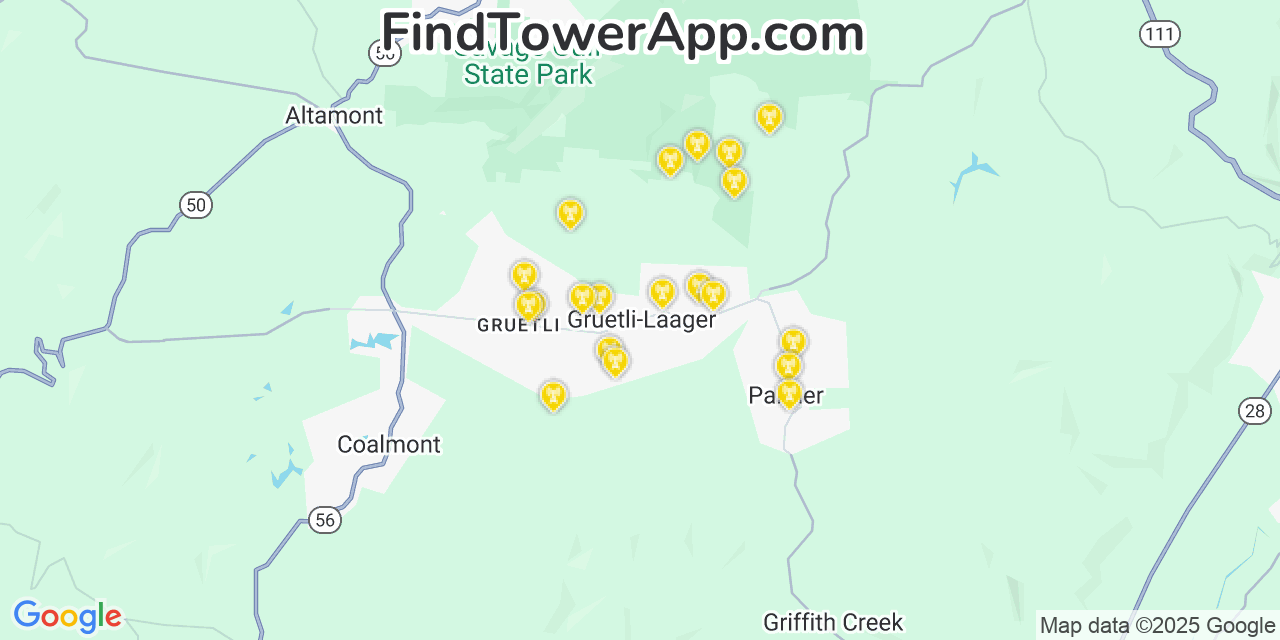 Map showing the 20 primary cell tower locations detected in Gruetli-Laager, Tennessee from AT&T, Verizon, and T-Mobile networks