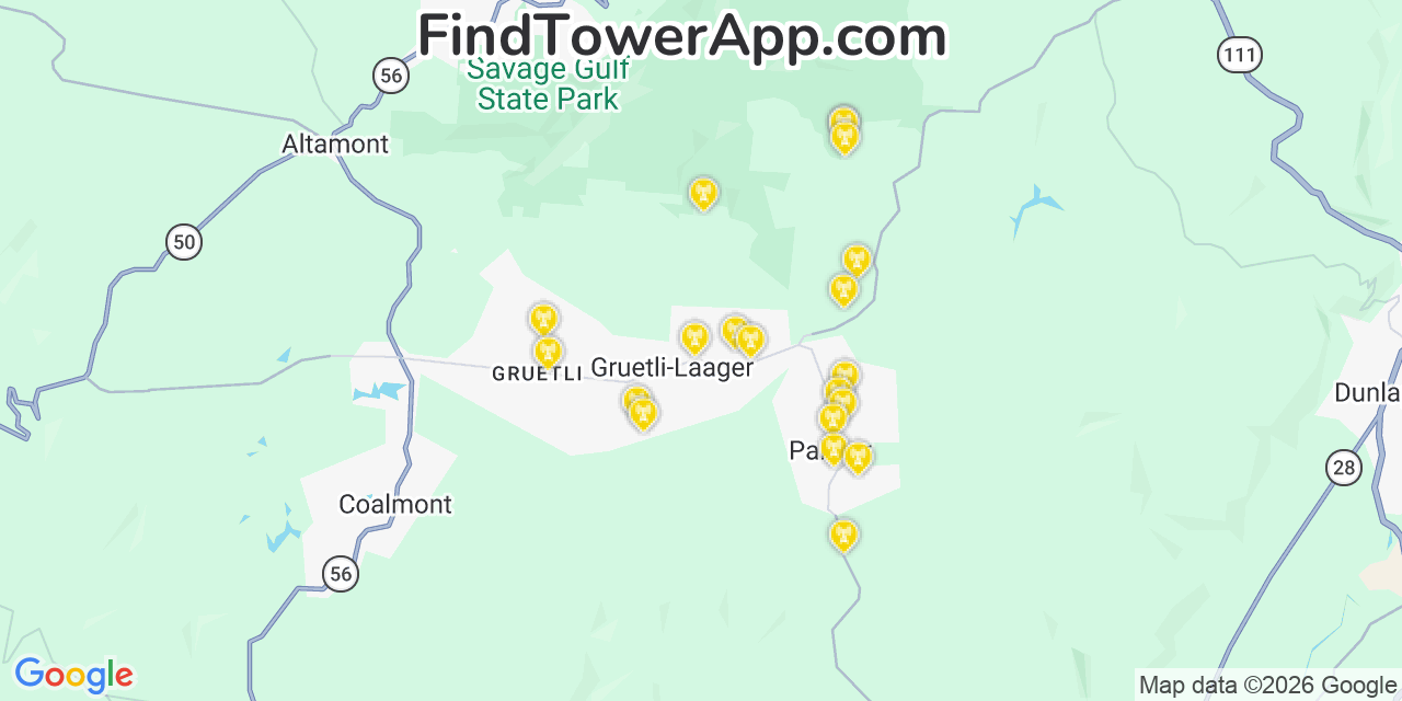 Map showing the 20 primary cell tower locations detected in Gruetli Laager, Tennessee from AT&T, Verizon, and T-Mobile networks