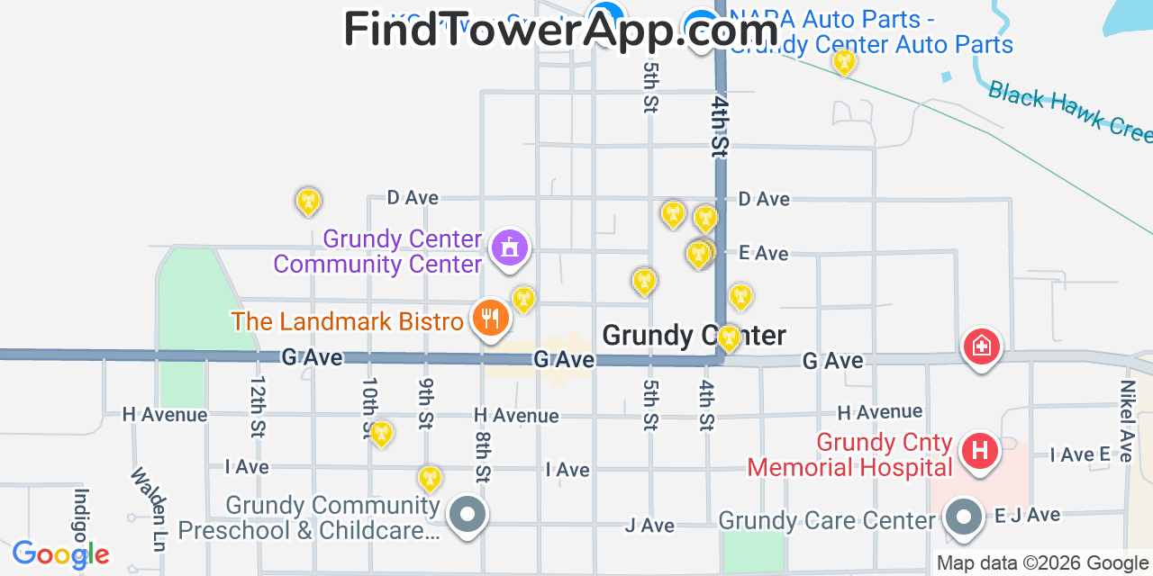 Map showing the 20 primary cell tower locations detected in Grundy Center, Iowa from AT&T, Verizon, and T-Mobile networks