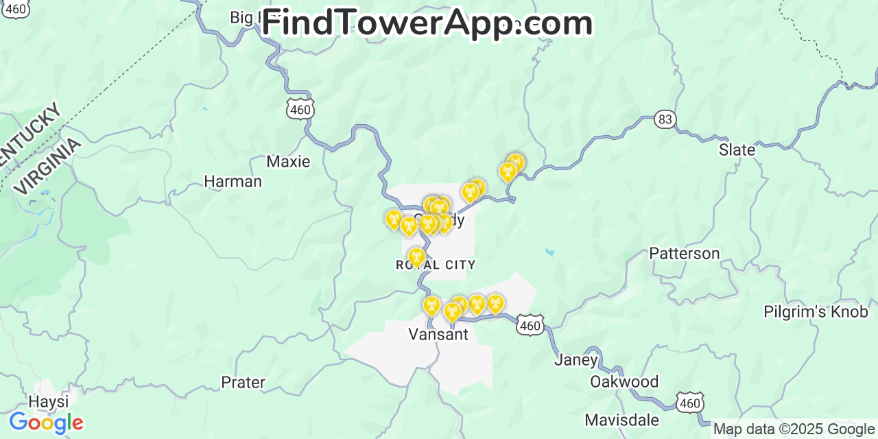 Map showing the 20 primary cell tower locations detected in Grundy, Virginia from AT&T, Verizon, and T-Mobile networks