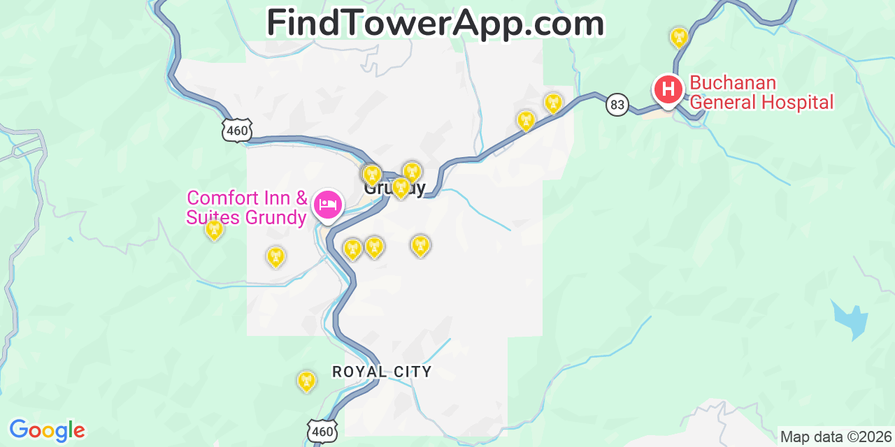 Map showing the 20 primary cell tower locations detected in Grundy, Virginia from AT&T, Verizon, and T-Mobile networks