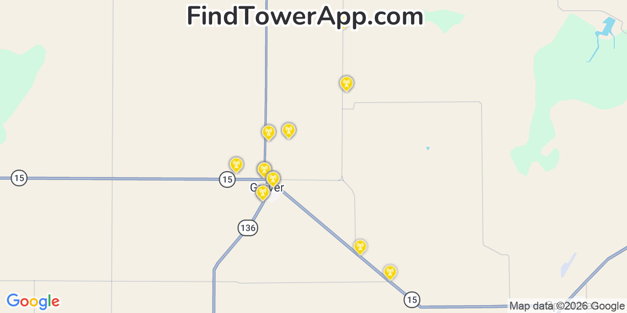 Map showing the 20 primary cell tower locations detected in Gruver, Texas from AT&T, Verizon, and T-Mobile networks