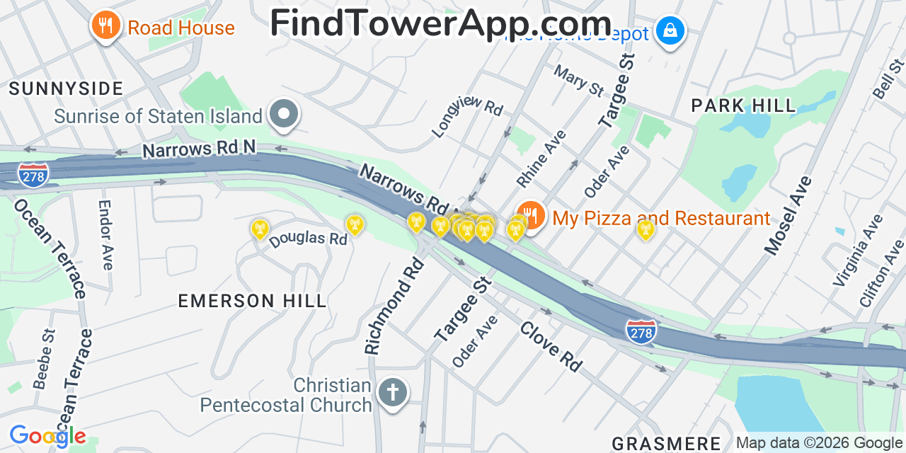 Map showing the 20 primary cell tower locations detected in Grymes Hill, New York from AT&T, Verizon, and T-Mobile networks