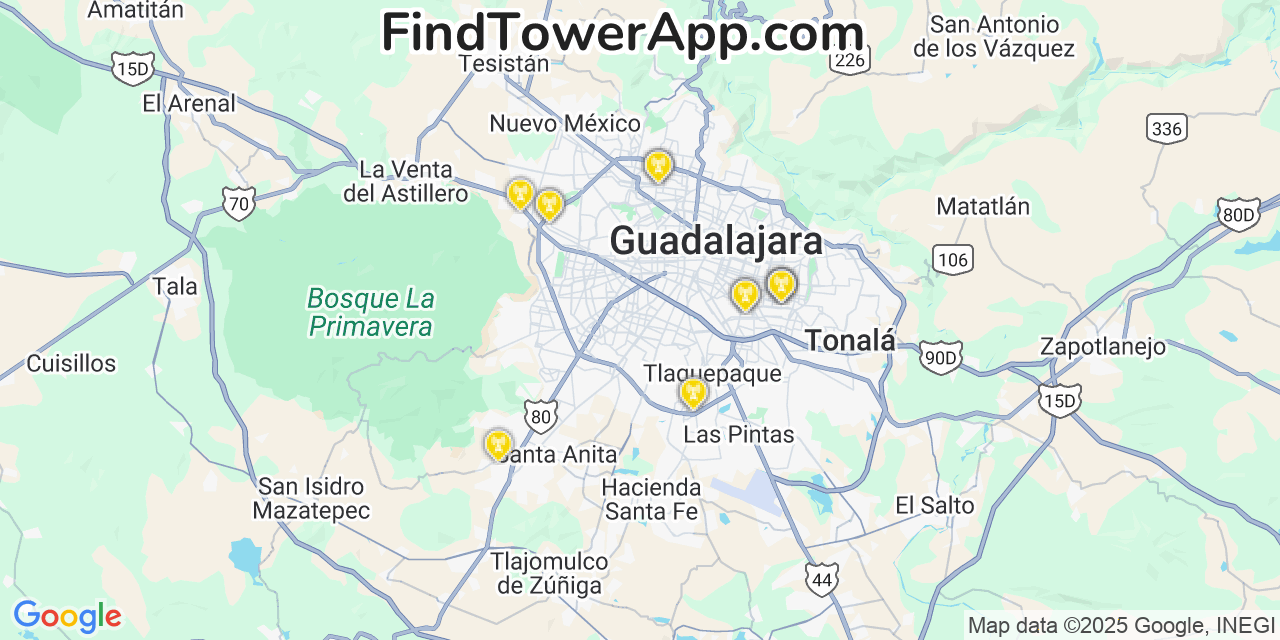 Map showing the 26 primary AT&T cell tower locations detected in Guadalajara, Mexico with coverage radius and signal strength indicators