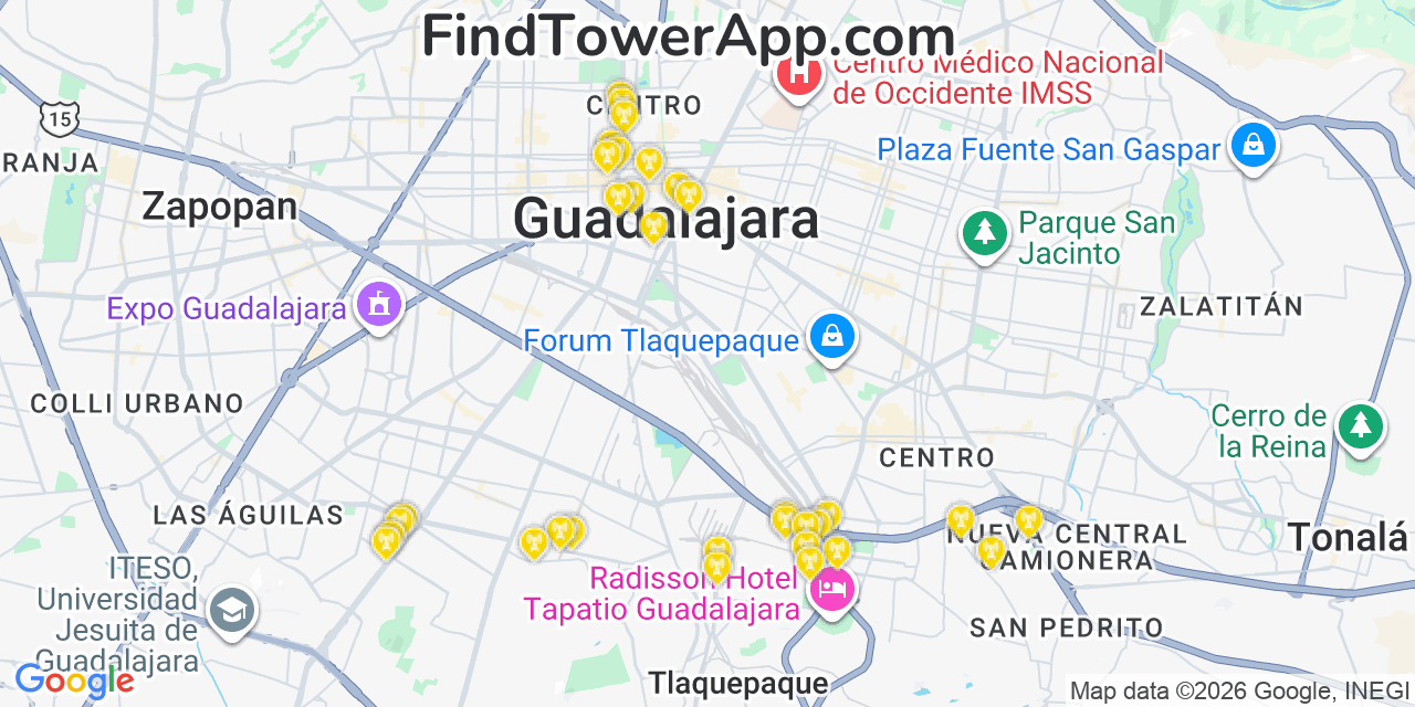 Map showing the 32 primary Altan Redes cell tower locations in Guadalajara, Mexico