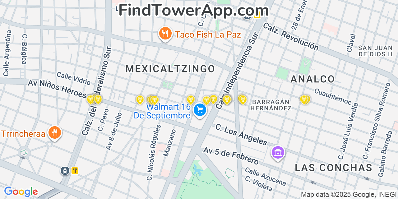 Map showing the 20 primary cell tower locations detected in Guadalajara, Mexico with coverage areas and signal strength
