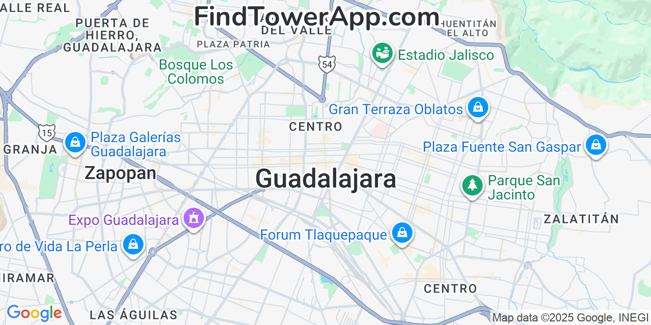 Map showing the 0 primary Telcel cell tower locations detected in Guadalajara, Mexico with coverage radius and signal strength indicators