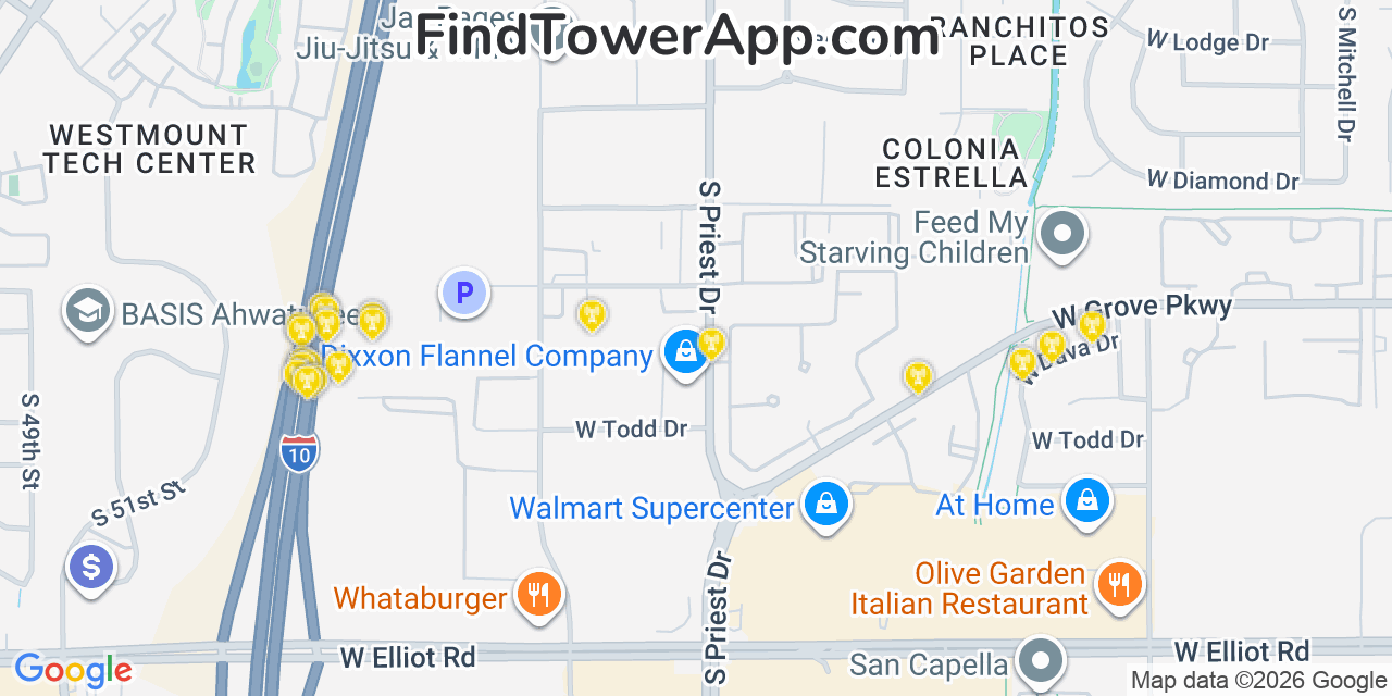 Map showing the 20 primary cell tower locations detected in Guadalupe, Arizona from AT&T, Verizon, and T-Mobile networks