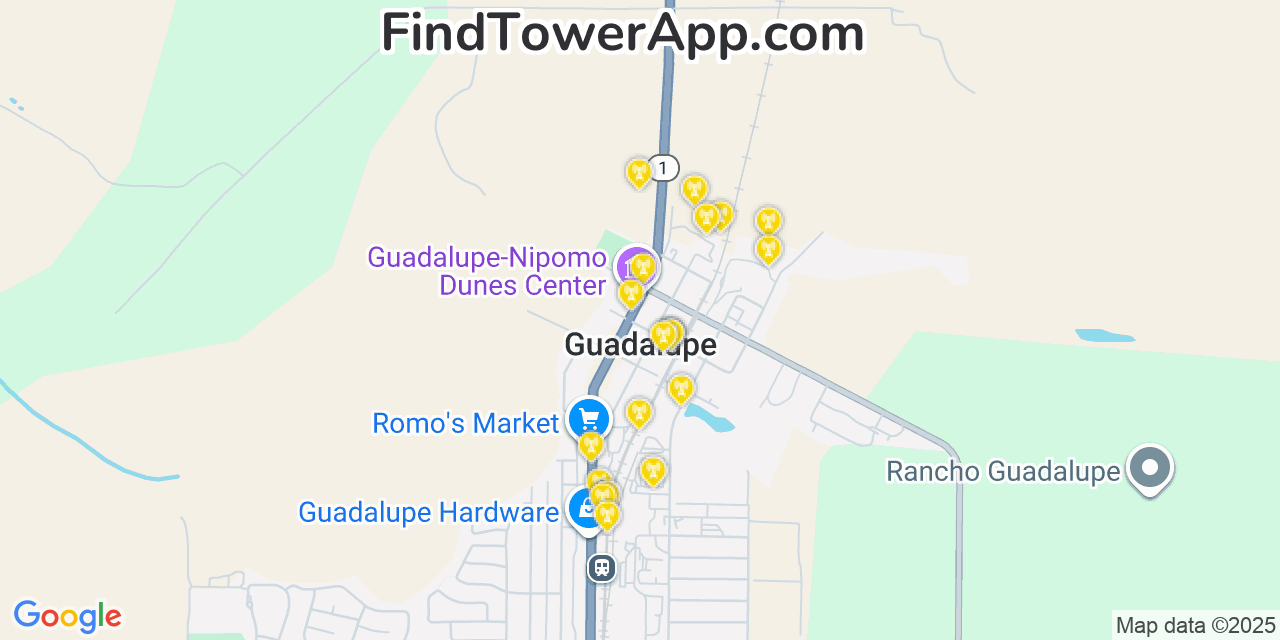 Map showing the 20 primary cell tower locations detected in Guadalupe, California from AT&T, Verizon, and T-Mobile networks