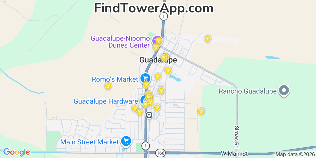 Map showing the 20 primary cell tower locations detected in Guadalupe, California from AT&T, Verizon, and T-Mobile networks