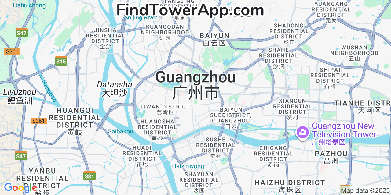 Map showing the 0 primary China-Telecom cell tower locations detected in Guangzhou, China with coverage radius and signal strength indicators
