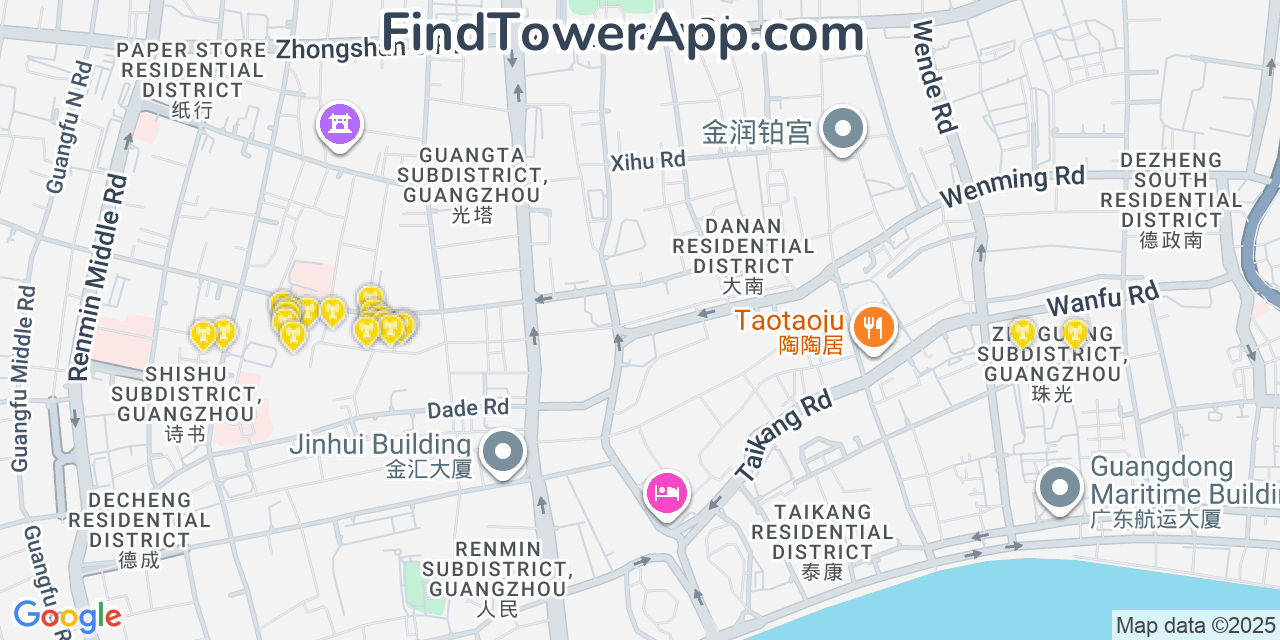 Map showing the 20 primary cell tower locations detected in Guangzhou, China with coverage areas and signal strength