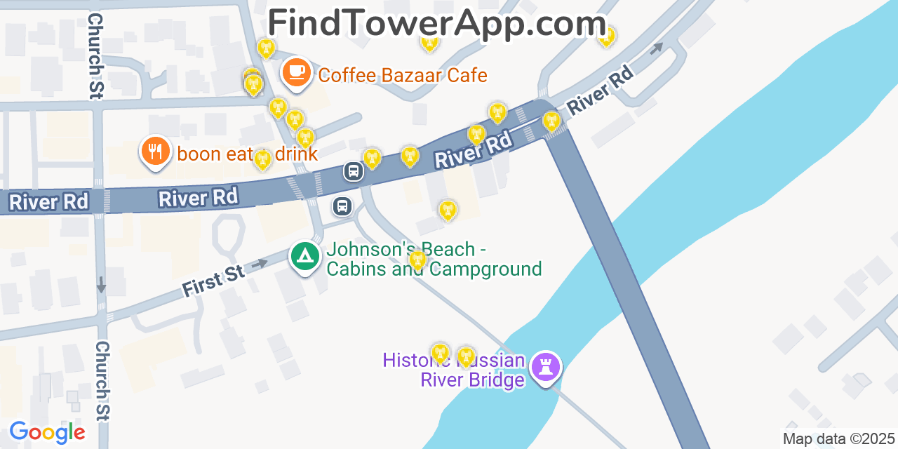 Map showing the 20 primary cell tower locations detected in Guerneville, California from AT&T, Verizon, and T-Mobile networks