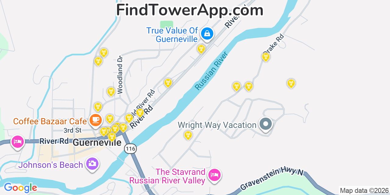 Map showing the 20 primary cell tower locations detected in Guerneville, California from AT&T, Verizon, and T-Mobile networks