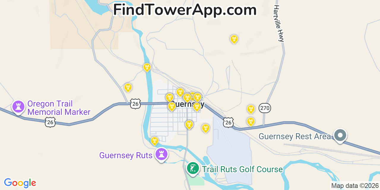 Map showing the 20 primary cell tower locations detected in Guernsey, Wyoming from AT&T, Verizon, and T-Mobile networks