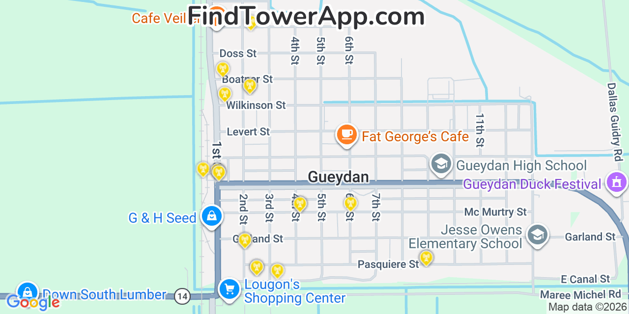 Map showing the 20 primary cell tower locations detected in Gueydan, Louisiana from AT&T, Verizon, and T-Mobile networks