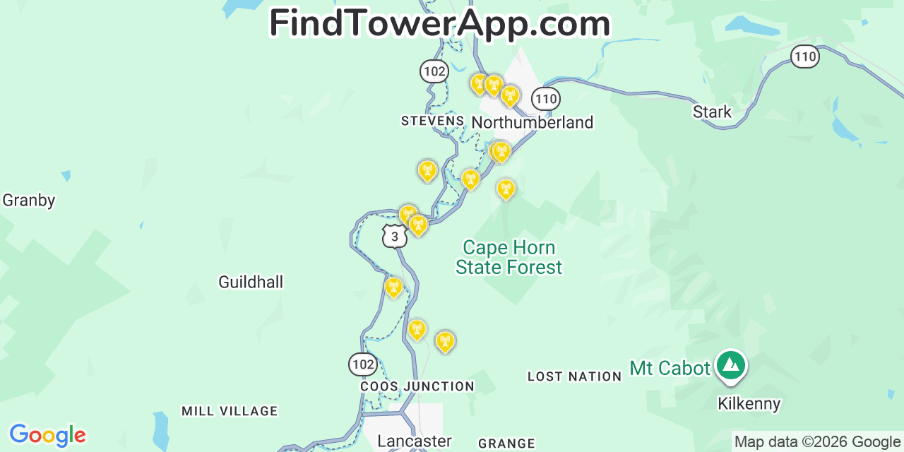 Map showing the 20 primary cell tower locations detected in Guildhall, Vermont from AT&T, Verizon, and T-Mobile networks