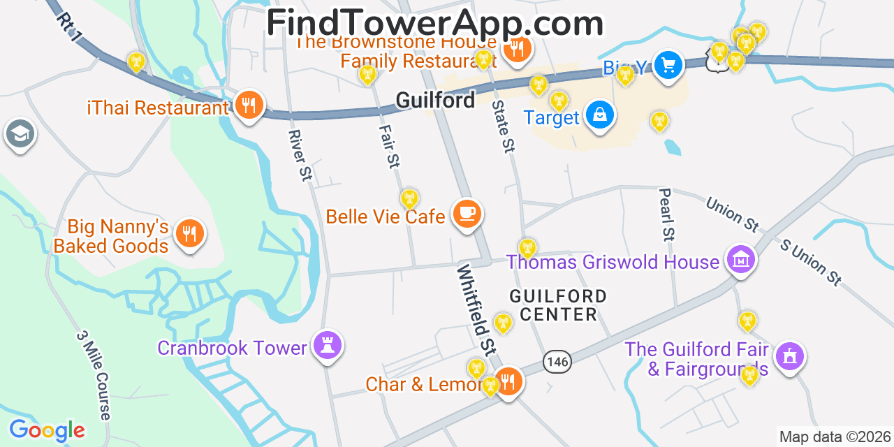 Map showing the 20 primary cell tower locations detected in Guilford Center, Connecticut from AT&T, Verizon, and T-Mobile networks